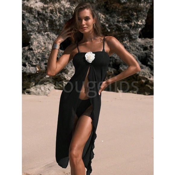Black Beach Sarong Skirt with Flower Detail Stretchy Semi-Sheer - Picture 6 of 10